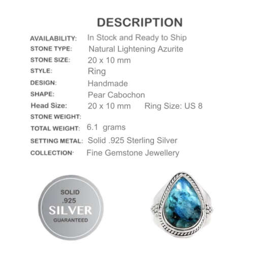 BREATHTAKING STONE NATURAL LIGHTNING AZURITE IN QUARTZ SOLID .925 STERLING SILVER RING SIZE 8
