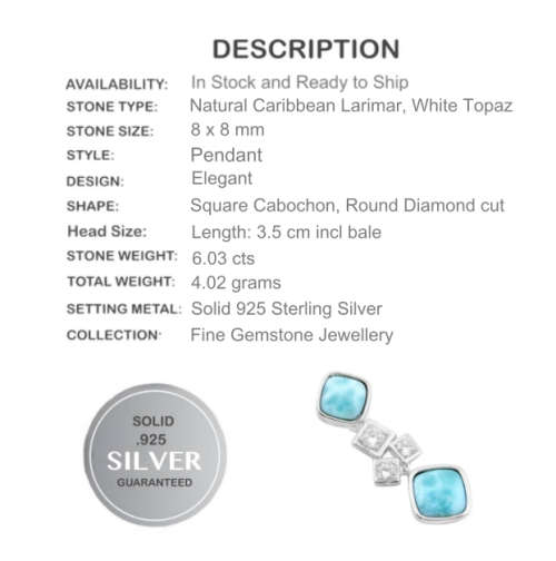 Natural Caribbean Larimar and White Topaz Gemstones set in Solid .925 Sterling Silver Pendant