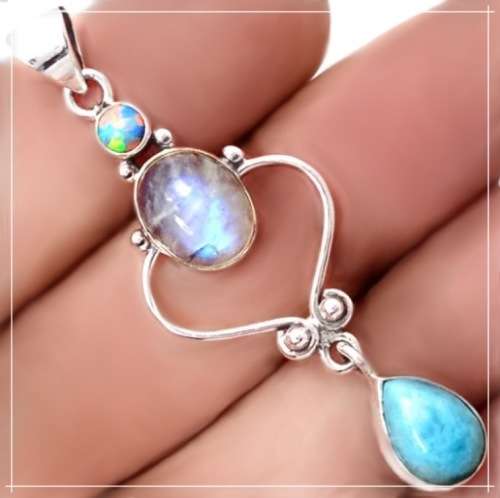 Exquisite Natural Rainbow Moonstone,caribbean Larimar, Opal Solid .925 Sterling Silver Ring Pendant