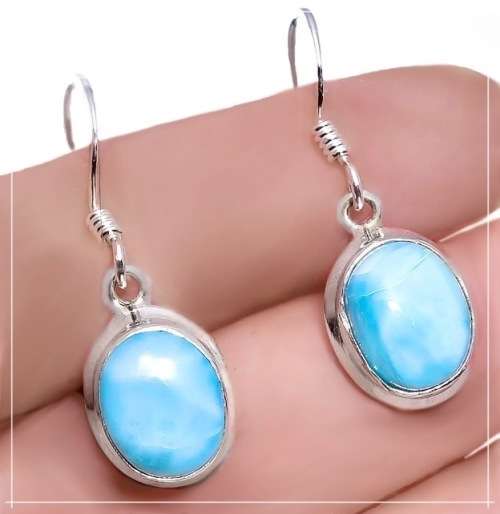 Natural Caribbean Larimar Gemstone  set in Solid .925 Sterling Silver Dainty Earrings