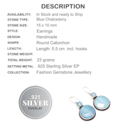HANDMADE AQUA CHALCEDONY DANGLE .925 SILVER EARRINGS
