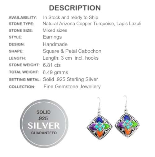 6.81 cts Natural Arizona Copper Turquoise, Lapis Lazuli Solid .925 Sterling Silver Earrings