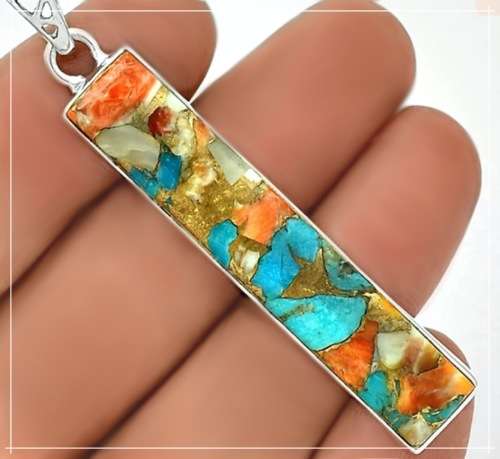 Natural Spiny Oyster Arizona Turquoise Gemstone set in Solid .925 Sterling Silver Pendant