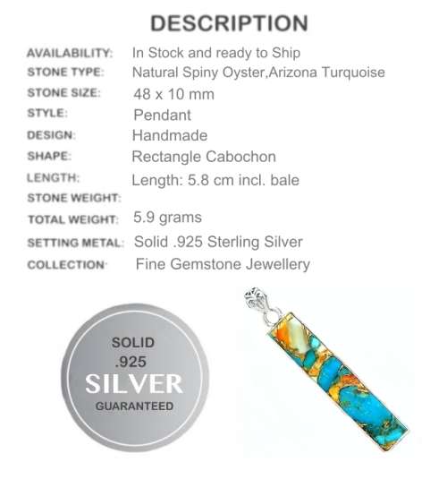 Natural Spiny Oyster Arizona Turquoise Gemstone set in Solid .925 Sterling Silver Pendant