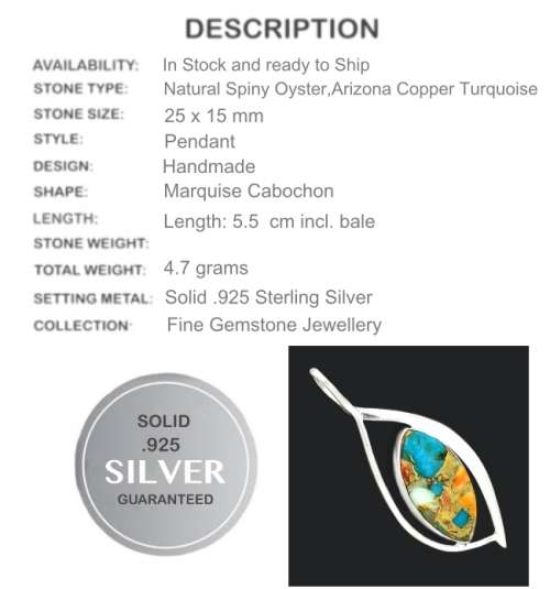 Natural Spiny Oyster Arizona Turquoise Solid .925 Sterling Silver Pendant