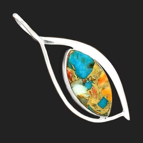 Natural Spiny Oyster Arizona Turquoise Solid .925 Sterling Silver Pendant