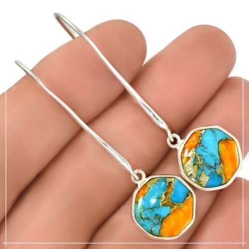 Natural Spiny Oyster Arizona Turquoise Gemstone set in Solid .925 Sterling Silver Earrings
