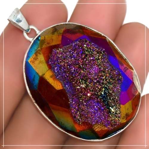 Natural Titanium Aura Druzy set in Solid 925 Sterling Silver Pendant