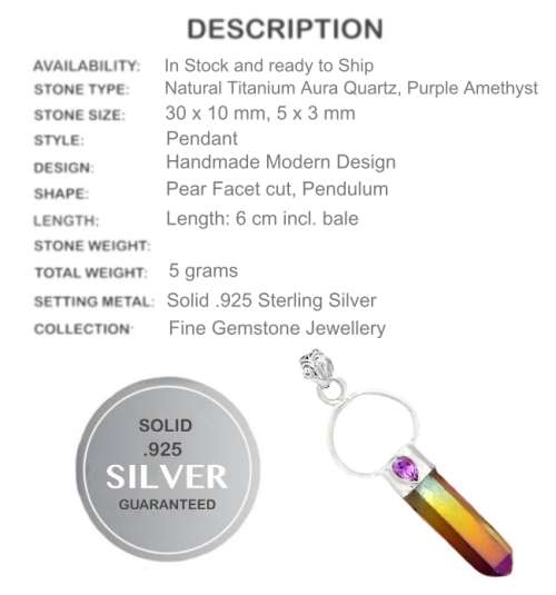 NATURAL TITANIUM AURA AND PURPLE AMETHYST IN SOLID 925 STERLING SILVER PENDANT
