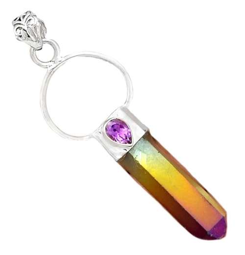 NATURAL TITANIUM AURA AND PURPLE AMETHYST IN SOLID 925 STERLING SILVER PENDANT