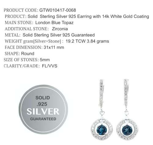 EXCEPTIONAL REAL STONES NATURAL LONDON BLUE TOPAZ CZ GEMSTONE SOLID .925 STERLING SILVER EARRINGS