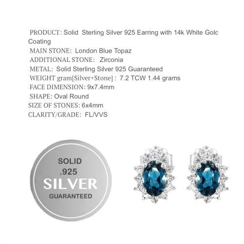 7.2 cts Natural London Blue Topaz CZ in Solid .925 Sterling Silver 14K White Gold  Stud Earrings