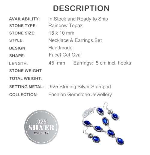 BREATHTAKING ELECTRIC BLUE RAINBOW TOPAZ GEMSTONE 925 SILVER NECKLACE & EARRINGS
