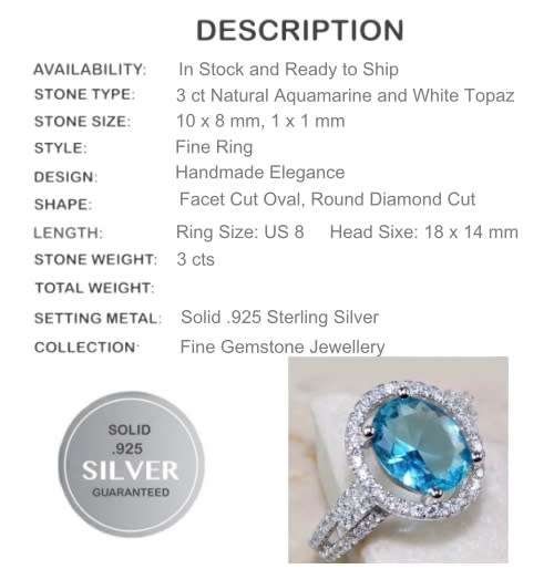 NATURAL AQUAMARINE, WHITE TOPAZ GEMSTONE  SOLID .925 SILVER RING SIZE US 8