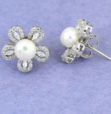 7.54 cts Natural White Pearl, White Topaz  set in Solid .925 Sterling Silver Earrings