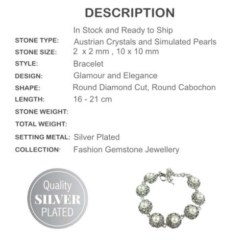 Diamanté and Pearl Elegant Day or evening Wear or Bridal Silver Plated Bracelet