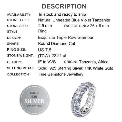 68 Captivating Triple Row Natural Unheated Tanzanite Gemstone Ring set in Solid .925 Silver Size 7.5