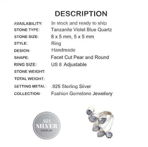 TANZANITE VIOLET BLUE QUARTZ GEMSTONE SOLID .925 SILVER RING SIZE US 8