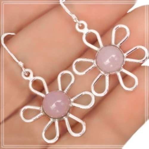 Natural Pink Rose Quartz Gemstone set in Solid .925 Sterling Silver Whimsical Floral Earrings