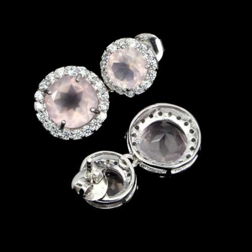 STUNNING AAA NATURAL ROSE QUARTZ, WHITE CZ SOLID.925 STERLING SILVER STUD EARRINGS