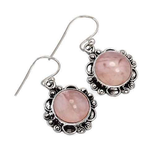 Natural Rose Quartz Round Gemstone set in Solid .925 Sterling Silver Dainty Earrings