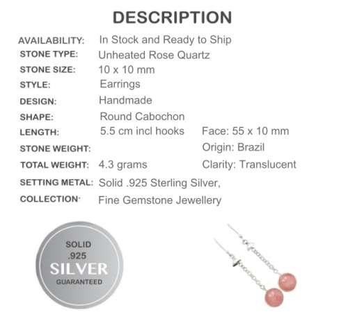 Natural Pink Rose Quartz Round Sphere set in  Solid .925 Sterling Silver Drop Dangle Earrings