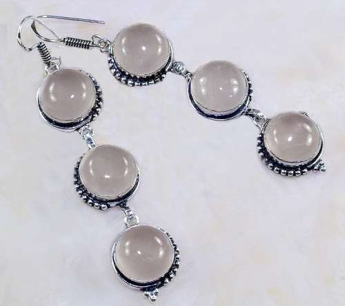 Natural Pink Rose Quartz Round Gemstones set in .925 Sterling Silver Drop Dangle Earrings