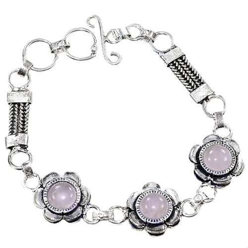 Natural Rose Quartz Round Gemstones set in .925 Sterling Silver Plated Handmade Floral Bracelet
