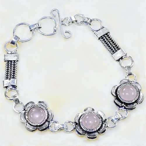 Natural Rose Quartz Round Gemstones set in .925 Sterling Silver Plated Handmade Floral Bracelet