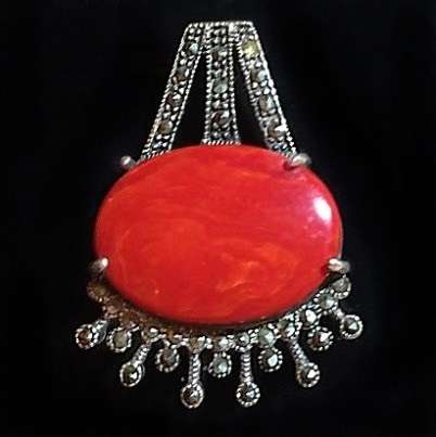 Victorian Style Natural Red Coral and Marcasite set in Solid .925 Sterling Silver Pendant