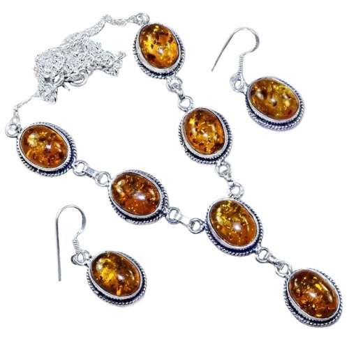 HANDMADE AMBER  .925 STERLING SILVER NECKLACE AND EARRINGS SET