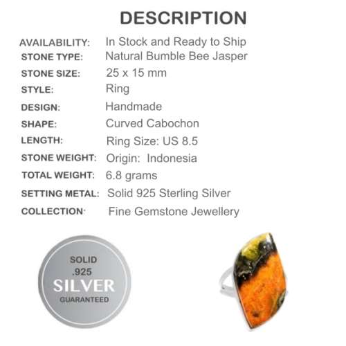 Natural Indonesian Bumble Bee Jasper  set in Solid .925 Sterling  Silver Ring Size US 8.5 OR Q1/2