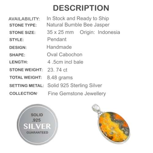 23.74 cts Natural Indonesian Bumble Bee Jasper Solid .925 Sterling Silver Pendant