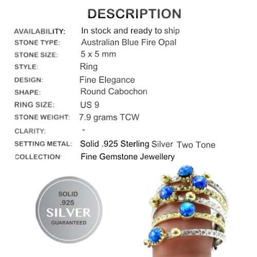 Two Tone Blue Fire Opal Gemstone Solid .925 Sterling Stacking Ring Size US 9 or R1/2