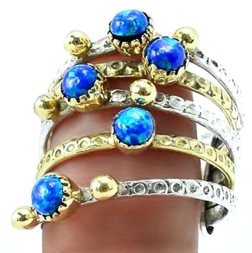 Two Tone Blue Fire Opal Gemstone Solid .925 Sterling Stacking Ring Size US 9 or R1/2
