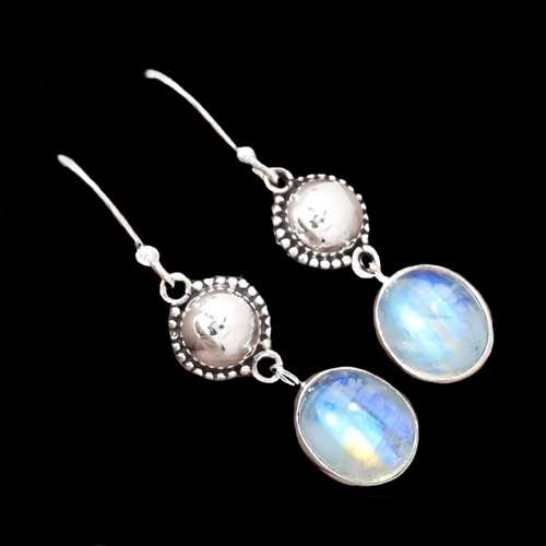 Natural Rainbow Moonstone Oval Gemstone set in Solid .925 Sterling Silver Earrings