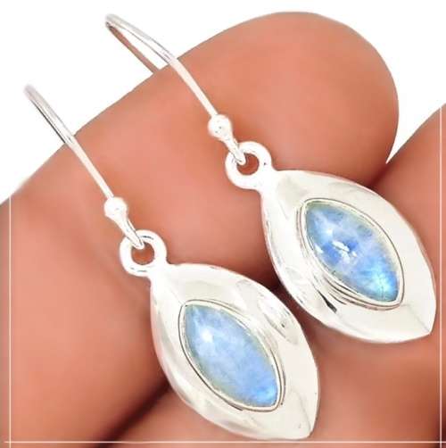 Natural Rainbow Moonstone Marquise Shape Gemstone set in Solid .925 Sterling Silver Dainty Earrings