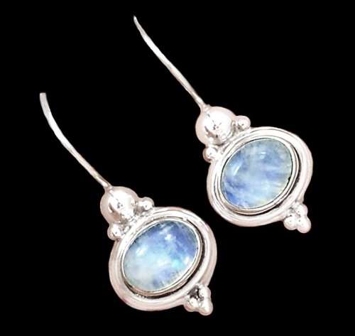 Natural Rainbow Moonstone Oval Gemstone set in Solid .925  Sterling Silver Dainty Earrings