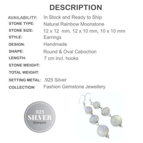 NATURAL RAINBOW MOONSTONE DANGLE SILVER EARRINGS