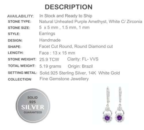 Deluxe Natural 5mm Brazilian Purple Amethyst .925 Sterling Silver 14K White Gold Earrings