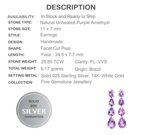 Rare Natural Brazil Purple Amethyst Gemstone .925 Sterling Silver Drop Dangle Stud Earrings