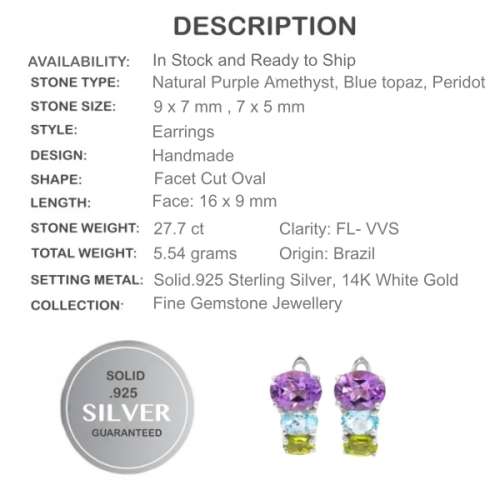 Authentic Earth Mined Purple Amethyst, Peridot, Topaz  .925 Sterling Silver