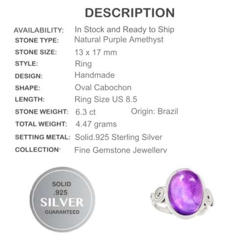 6.27 CTS BEAUTIFUL NATURAL PURPLE AMETHYST  SOLID .925  SILVER RING SIZE 8