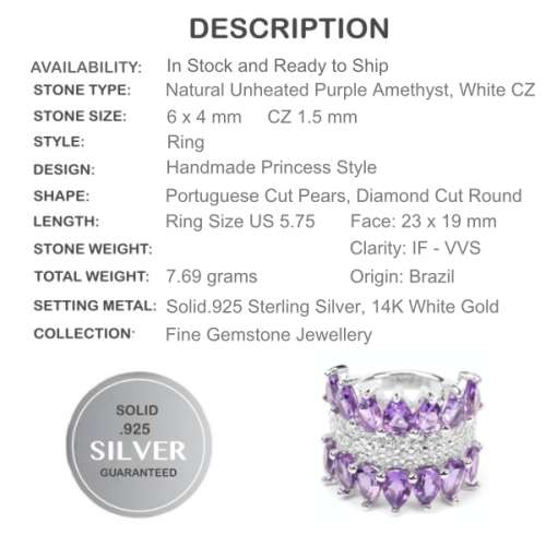 14 Brilliant Natural Purple Amethyst, AAA White CZ  in Solid .925 Silver Ring Size 5.75 or L1/2 -M