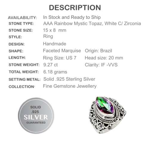 9.27 CTS MULTI -COLOUR RAINBOW TOPAZ, RING IN SOLID .925 STERLING SILVER. SIZE 7