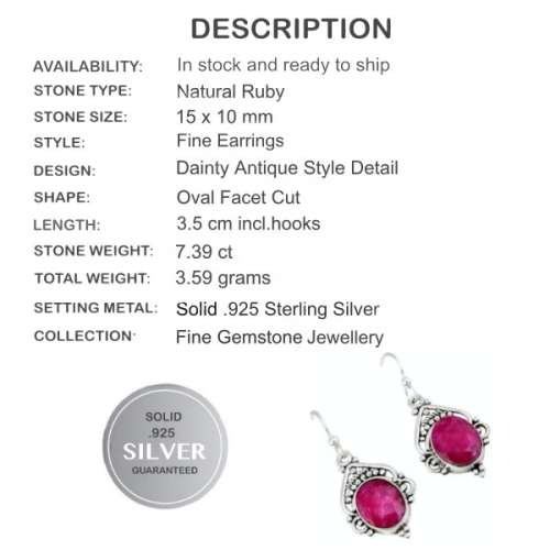 7.39 Cts ANTIQUE RUBY OVAL GEMSTONE SOLID .925 STERLING SILVER EARRINGS