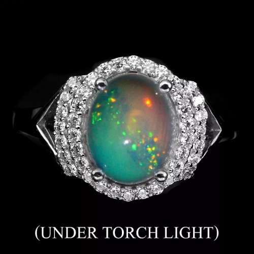 Natural Full Flash Ethiopian Fire Opal White CZ  set in Solid .925 Sterling Ring Size 9/R