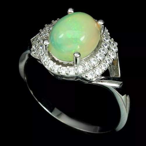 Natural Full Flash Ethiopian Fire Opal White CZ  set in Solid .925 Sterling Ring Size 9/R