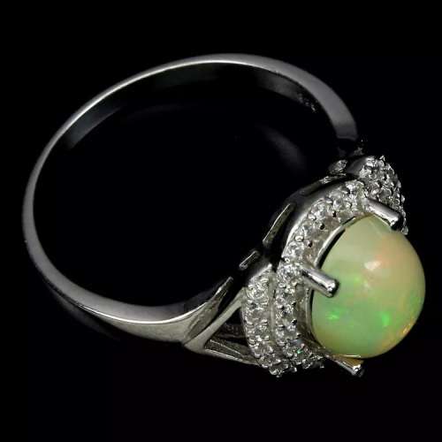 Natural Full Flash Ethiopian Fire Opal White CZ  set in Solid .925 Sterling Ring Size 9/R