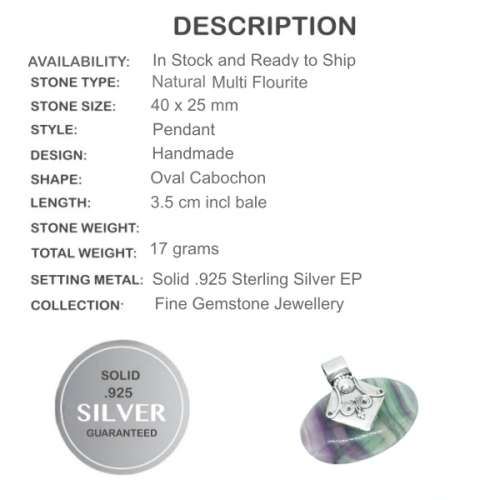Natural Multi-Fluorite Gemstone  set in Solid .925 Sterling Silver Pendant